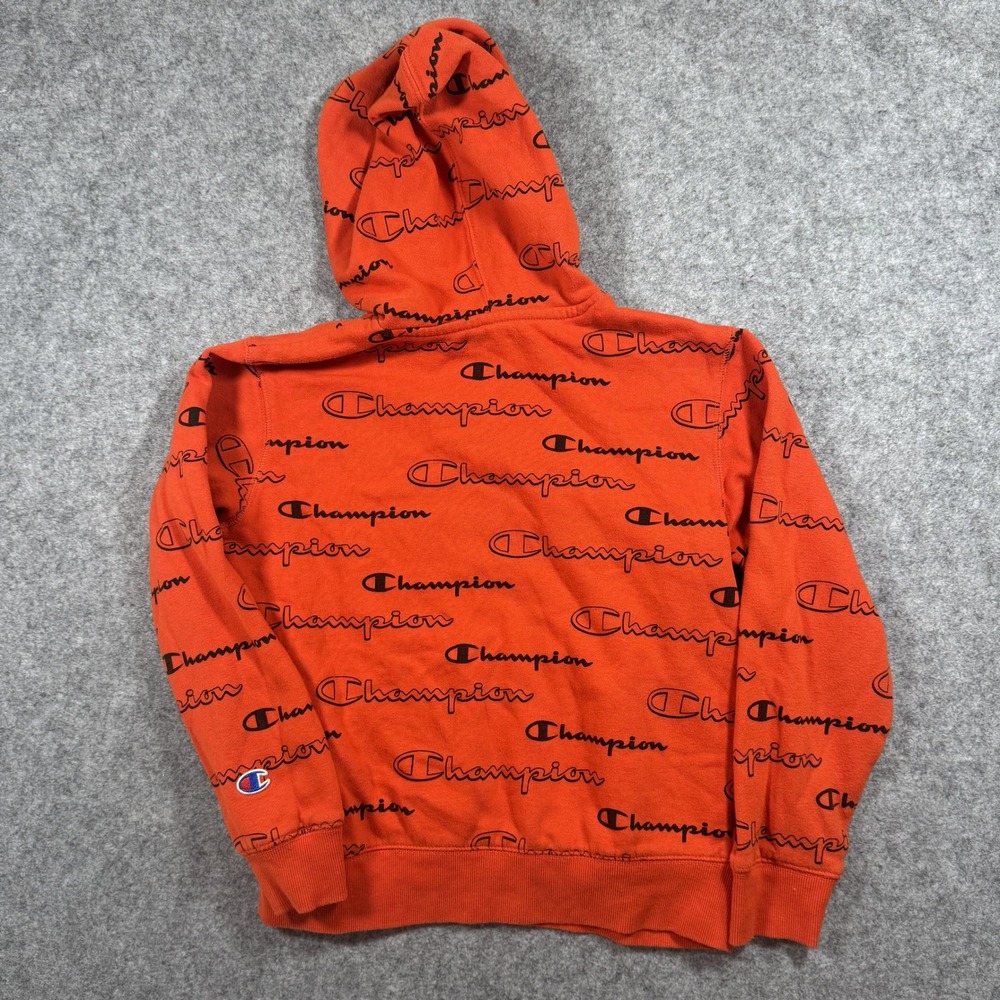 Champion All Over Print Hoodie Medium‎ Orange Script Logo Fleece
